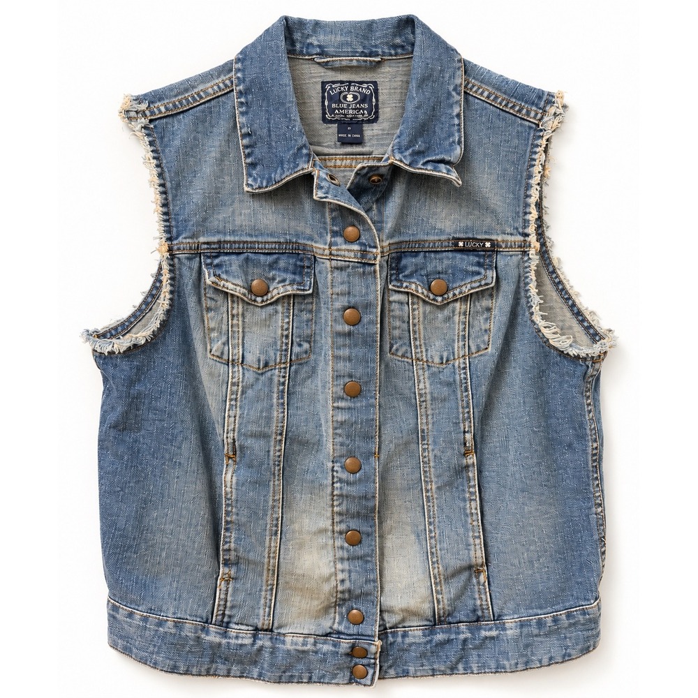 Lucky Brand Sabrina Denim Vest Medium Wash Distressed Raw Edge Large